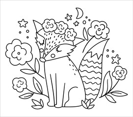 Obraz premium Vector bohemian fox with flowers on head. Woodland black and white animal isolated on white background. Boho forest floral line composition. Forest coloring page..