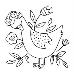 Vector bohemian goose with flowers on head. Woodland black and white bird isolated on white background. Boho forest floral composition with animal. Forest coloring page..