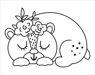 Vector black and white sleeping bear with flowers on the head. Cute bohemian style woodland animal line icon isolated on white background. Sweet boho forest illustration for card or print design..