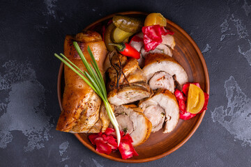 Delicious homemade boiled pork. Cooking background concept.