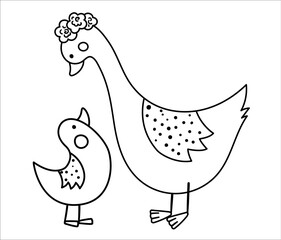 Vector black and white baby goose with parent. Funny bohemian style woodland bird scene showing family love. Cute boho illustration for card, print, stationery design. Forest line icon.