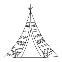Vector black and white boho wigwam. Bohemian teepee line icon isolated on white background. Contour native American hut illustration.. © Lexi Claus