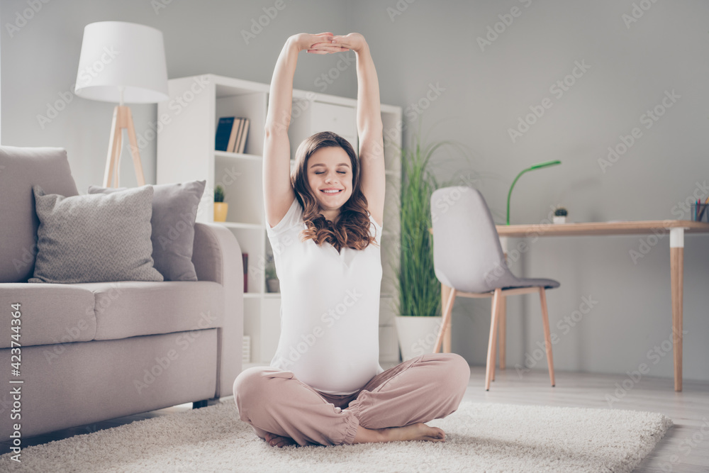 Poster full length photo of young attractive cheerful pregnant woman happy positive smile sit floor house s