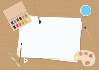 Vector illustration with sheets of paper, brushes, and palette. Flat cartoon style, top view. For poster, design of page site, web and advertising banner, article, card or flyer, promotional, mailing
