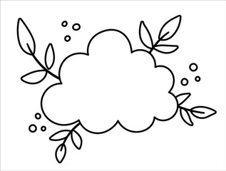 Vector black and white cloud with leaves. Weather line icon or coloring page isolated on white background..
