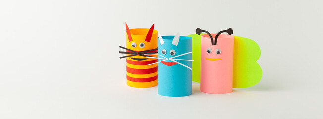 Paper roll toys. Beautiful homemade animals, children's creativity. Copy space for text.