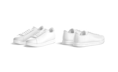 Blank white leather sneakers with lace mockup, front and back