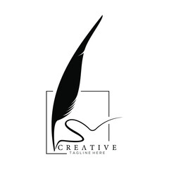 Elegant feather pen logo silhouette with square line frame vector design template