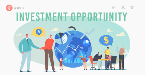 Global Investment Opportunity Landing Page Template. Businesspeople Characters Conclude Deals with Foreign Partners