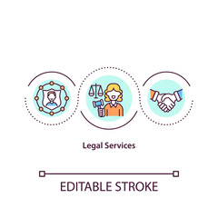 Legal services concept icon. Protection and right. Courthouse defense. Attorney support. Legislation idea thin line illustration. Vector isolated outline RGB color drawing. Editable stroke