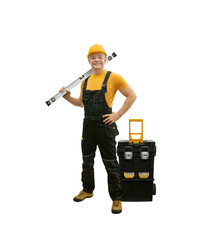 worker handyman repairman or builder with construction spirit level and tool-box - 423745126