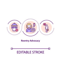Reentry advocacy concept icon. Support for rehabilitated criminal, aid to find employment. Legal services idea thin line illustration. Vector isolated outline RGB color drawing. Editable stroke