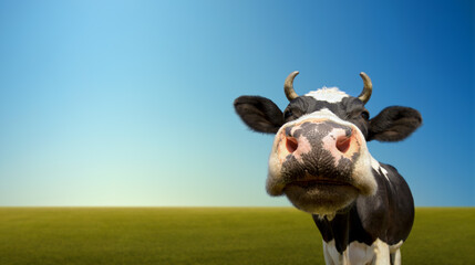 cow grazed on green grassland, close-up head look on camera