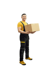 delivery courier hold in hands cardboard box
