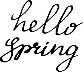 Hello Spring hand sketched logotype, badge typography icon. Lettering spring season for greeting card, invitation template. Retro, vintage lettering banner poster template background