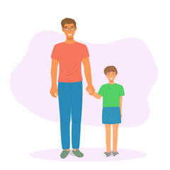 There is a father with a son. He is a single father. There is a young happy family. 