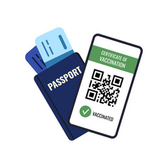 Certificate of vaccination and passport with tickets travel concept isolated on white. Health passport on mobile phone screen with qr-code pass check mark vaccinated. Flat design vector illustration.