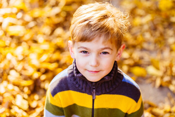 Fototapeta premium Top view portrait of thoughtful child having fun outdoor in autumn park. Smiling kid against yellow leaves blurred background. Close up.