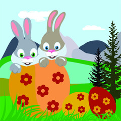 bunny and rabbit in an Easter egg on the background of mountains and trees