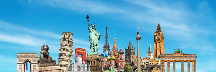 Fototapeta na wymiar World landmarks and famous monuments panoramic collage on blue sky background