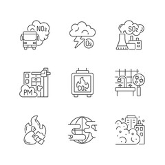 Air pollution linear icons set. Dangerous and toxic dust in air. Health problems because of pollution. Customizable thin line contour symbols. Isolated vector outline illustrations. Editable stroke