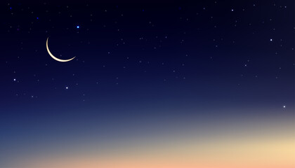 Night Sky with Crescent Moon and Stars Shining, Landscape Dramatic Dark Blue, Purple and OrangeSky, Beautiful  Panoramic view of Dusk Sky and Twilight, Vector illustration Natural background