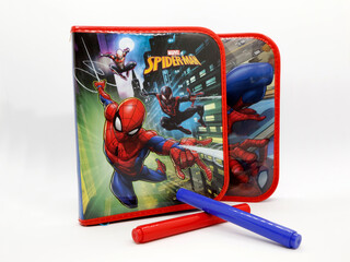 Naklejka premium Title Spider-Man. Spider man. Toy. The Amazing Spider-Man. Comic. Movies. Peter parker. Superheroe. Super heroe. School pencil case for children. School supplies. 