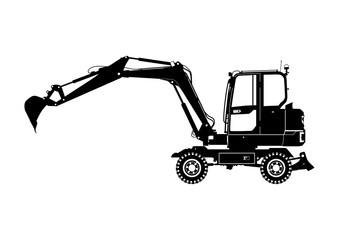 Silhouette of a modern wheeled excavator. Side view. Flat vector.
