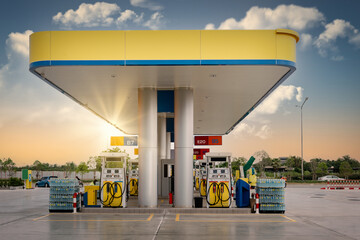 Gas Station and Car Service at Sunset, Business Entrepreneur Fuel Energy. Vehicle Gasoline Stations for Motor Convenience Beside Highway Road. Industry Petrol Power and Auto Services