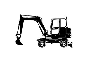 Silhouette of a modern wheeled excavator. Side view. Flat vector.