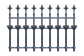 Decorative cast iron wrought fence with artistic forging isolated on white background. Metal guardrail. Steel modular railing. Vintage gate with swirls. Black forged lattice fence. Vector illustration
