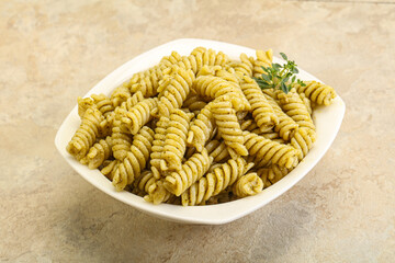 Italian pasta Fusilli with pesto