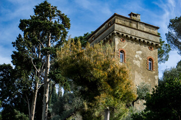 Fototapeta na wymiar Old tower on a hill at Portofino, Italy