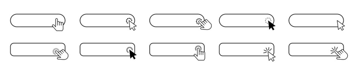 Set of web buttons with cursor and hand clicking. Linear button set with pointers. Vector collection - obrazy, fototapety, plakaty
