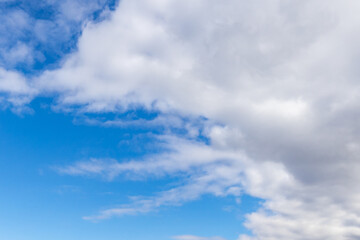 Fototapeta premium Detail of a white cloud in a bright blue sky. Dark rain clouds displace the blue sky. Storm is coming. Cumulus clouds on a sunny Day. 