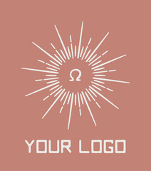 Ancient greek omega letter, sunbursts vector logo