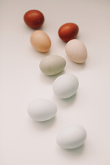fresh chicken eggs of natural shades and colors on a white background. Happy Easter concept