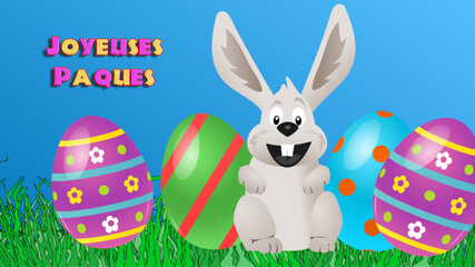 A Cute Easter Rabbit between eggs, French Easter, joyeuse paques text in french