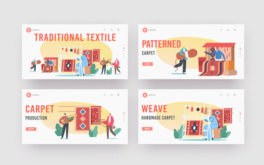 Fototapeta na wymiar Traditional Textile Landing Page Template Set. Characters Weaving Carpet on Handloom and Selling on Asian Bazaar