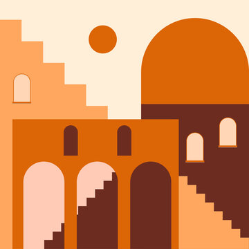 Old city minimalist boho illustration. Boho summer terracotta old city with stairs pattern for design tourism agency flyer, summer birthday greeting card, resort party advertising etc.