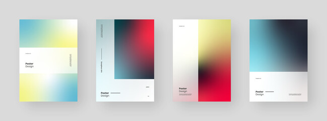 Abstract set Placards, Posters, Flyers, Banner Designs. Colorful gradients on vertical A4 format. Glass effect.  Decorative neumorphism backdrop.