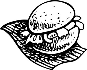 Tasty burger (hamburger) - black and white image. Isolated element on white background. Vector illustration made after hand drawn sketch. Street food collection for fast food restaurants, menu etc.