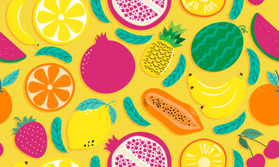 Hand drawn cute seamless pattern fruits, Orange, Banana, Pomegranate, Cherry, Strawberry, Pineapple, Watermelon, Lemon and leaf on yellow background. 