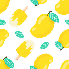 Seamless pattern mango fruits with ice-cream in summer 