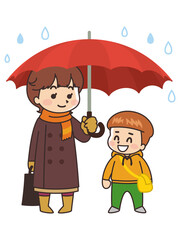 雨の日に傘をさす親子　梅雨