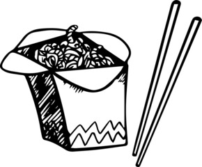 Chinese wok food icon - black and white image. Cardboard box with food and sticks. For street food restaurants, chineese restaurants, take away and food delivery services. Isolated vector element.