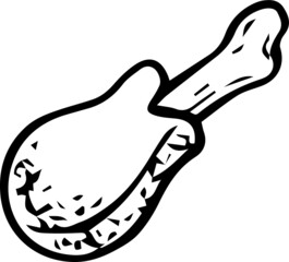 Chicken leg - food icon. Black and white isolated element on white background. For street food or fat food restaurants, menu, decoration etc. Vector illustration made after hand drawn sketch.