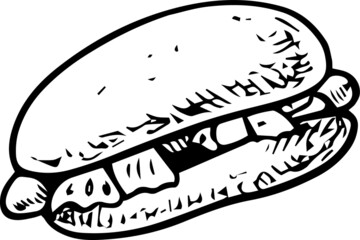 Hot Dog icon - black and white drawing of hot dog for street food and fast food collection. Isolated element on white background. Vector illustration made after hand drawn sketch.