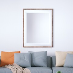 Scandinavian Room with Decorations, Indoor Plants, Cozy Sofa and White Plank Floors and Isolated Empty Frame over the Sofa