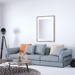 Scandinavian Room with Decorations, Indoor Plants, Cozy Sofa and White Plank Floors and Isolated Empty Frame over the Sofa